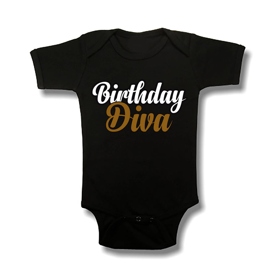 Birthday Diva Girl Black Baby T-Shirt Onesie with Gold and White lettering